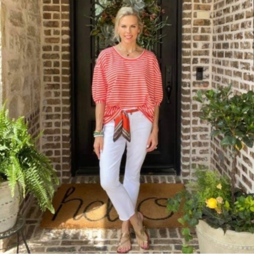 CAbi poolside tee, oversized striped orange and white striped shirt, size XS